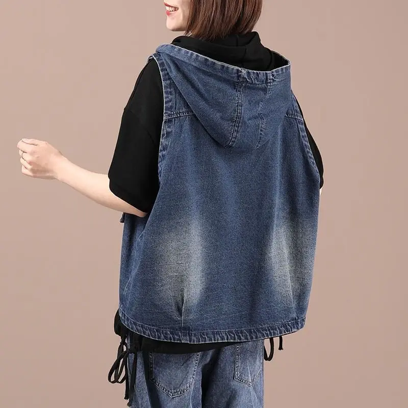 Women Denim Coats Zipper Vests Coat Casual Loose Hooded Sleeveless Y2k Streetwear Jackets Elegant Vest Splice Jacket 2025