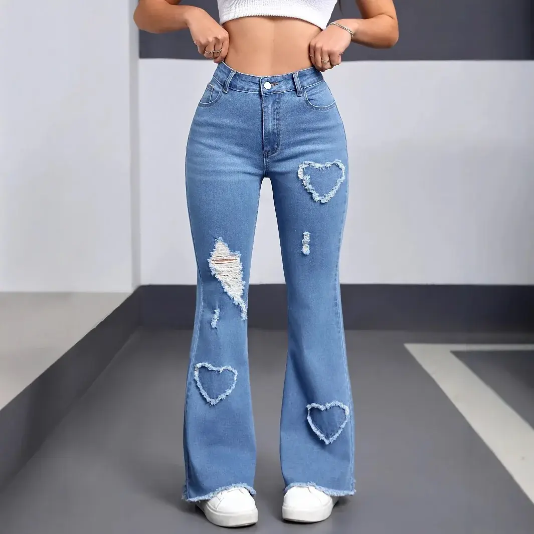 Denim Flared Pants Women Hole Jeans Mom Boot Cut Distressed 2025 Streetwear High Waist Stretch Washed Vintage Long Trousers