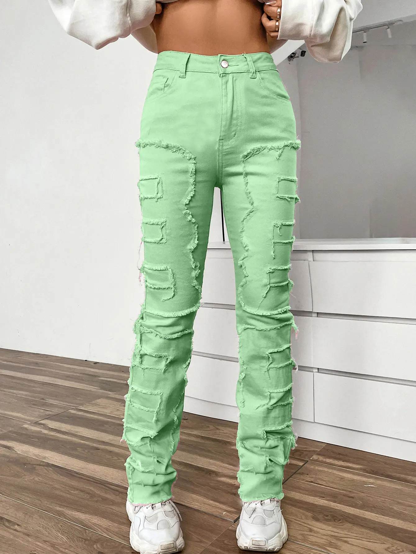 Women Jeans Denim Straight Pants Spliced Patchwork High Street Slim Fit Pockets Mid Waist Washing Zipper Slight Srech 2024