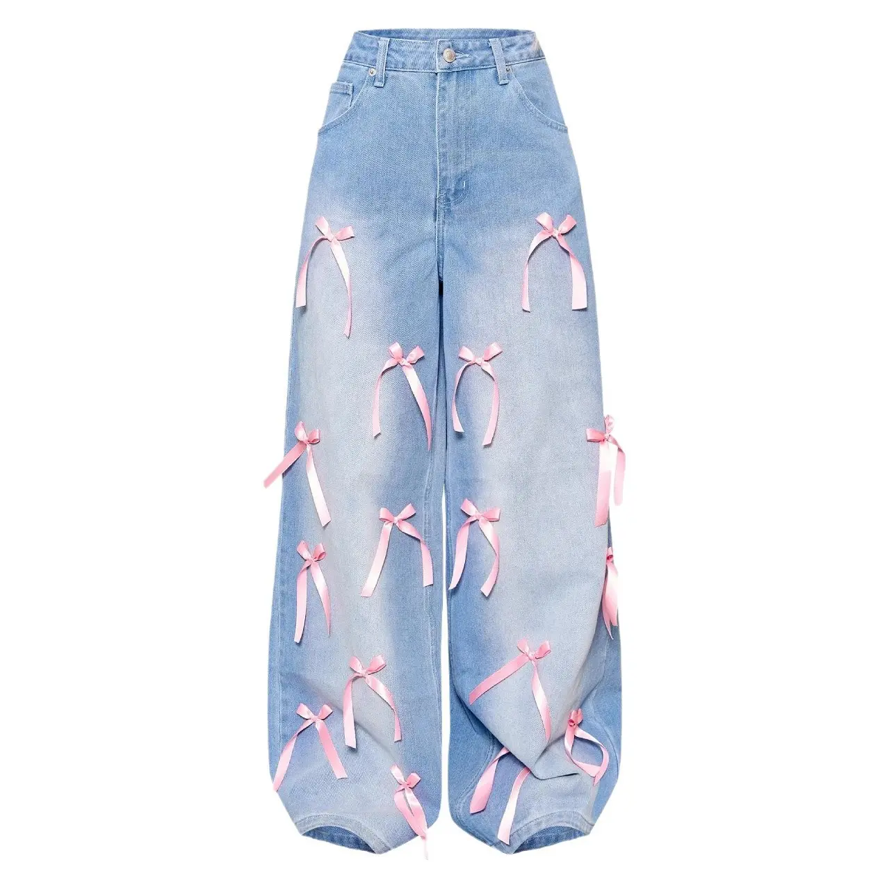 Women Denim Pant Jeans Wide Leg Long Pants Bow High Waist Straight Trousers Y2k Streetwear Elegant Casual Loose Party Club