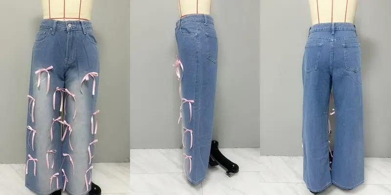 Women Denim Pant Jeans Wide Leg Long Pants Bow High Waist Straight Trousers Y2k Streetwear Elegant Casual Loose Party Club