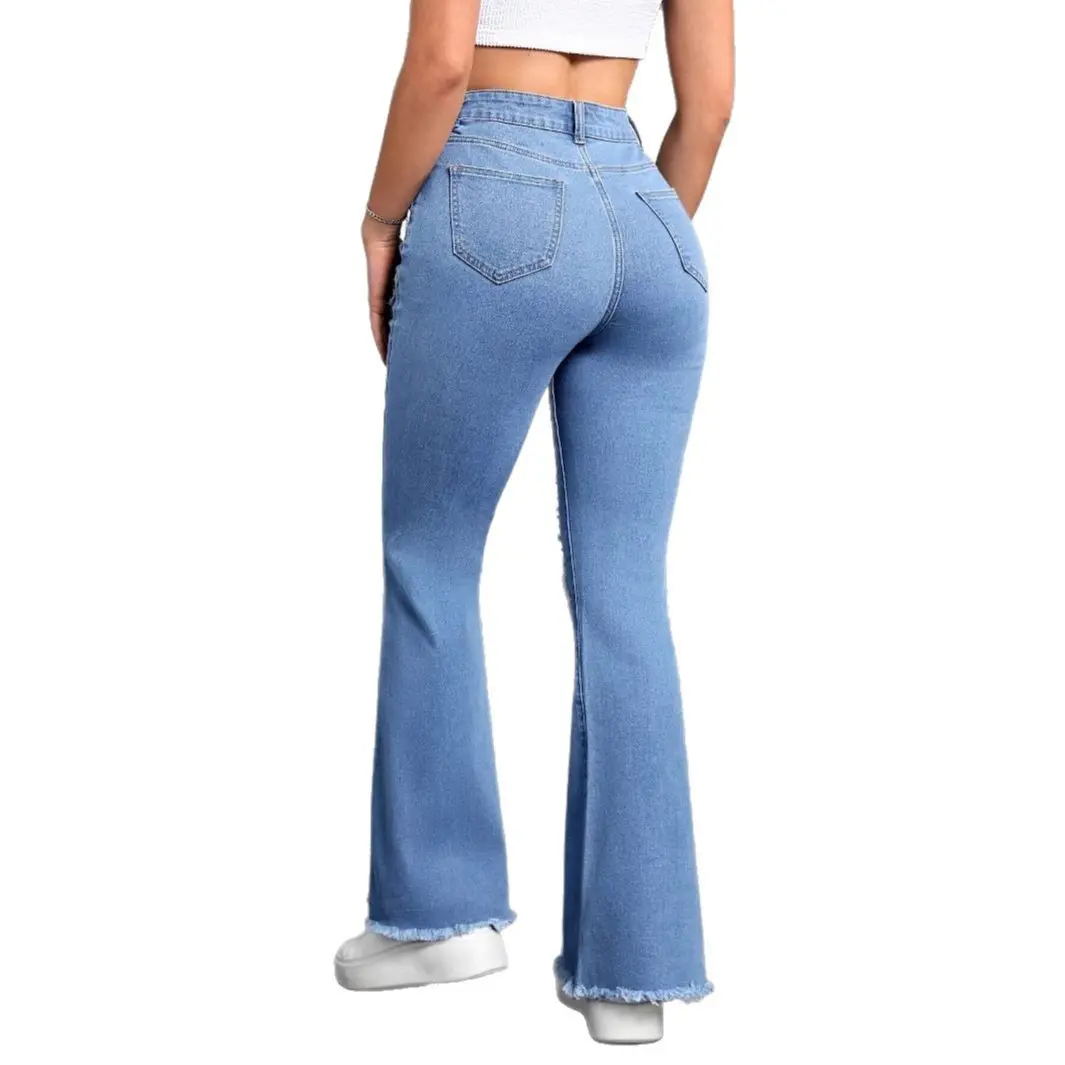 Denim Flared Pants Women Hole Jeans Mom Boot Cut Distressed 2025 Streetwear High Waist Stretch Washed Vintage Long Trousers