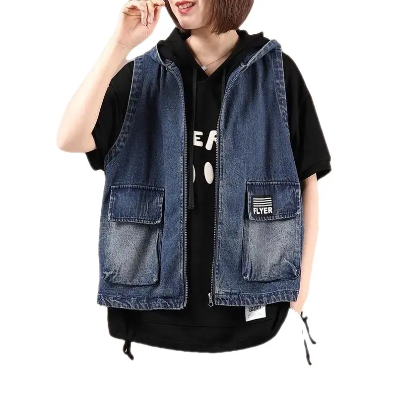 Women Denim Coats Zipper Vests Coat Casual Loose Hooded Sleeveless Y2k Streetwear Jackets Elegant Vest Splice Jacket 2025