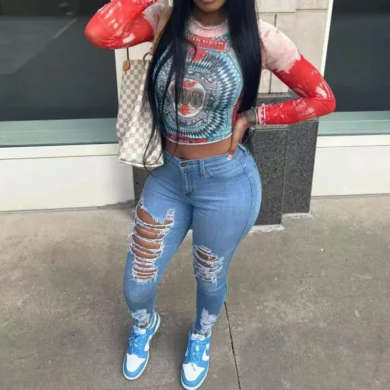 Hole Jeans Women Denim Pencil Pants Ripped Mom Skinny Stretch High Waist Washed Distressed 2025 Streetwear Ankle Length Trousers