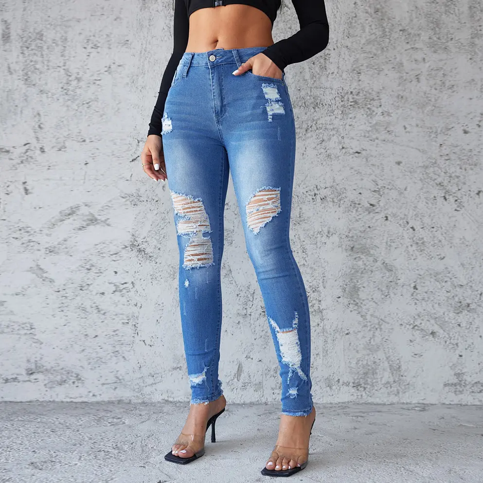 Ankle Length Ripped Hole High Waist Jean Sheath Pencil Denim Pants Skinny Solid Pockets Streetwear Distressed Vintage Slim