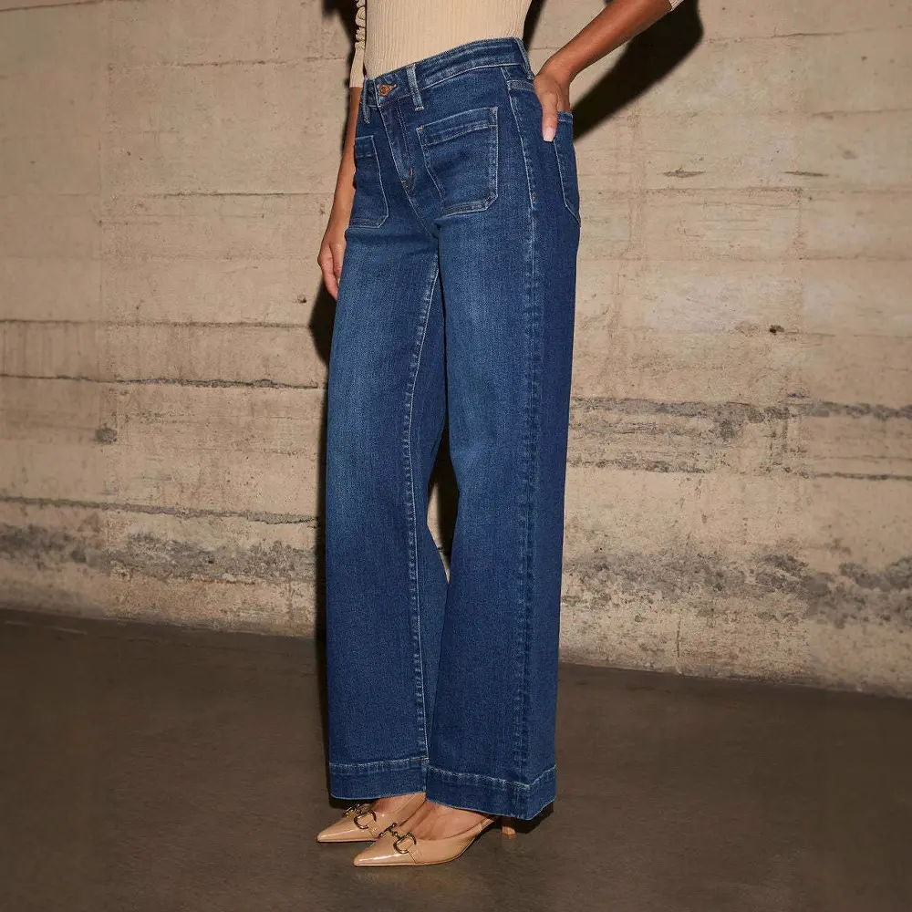 Wide Leg Pants Women Jeans Denim Long Pants Straight Trousers Vintage Button Pocket Blue Simple Loose Y2k High Waist Streetwear