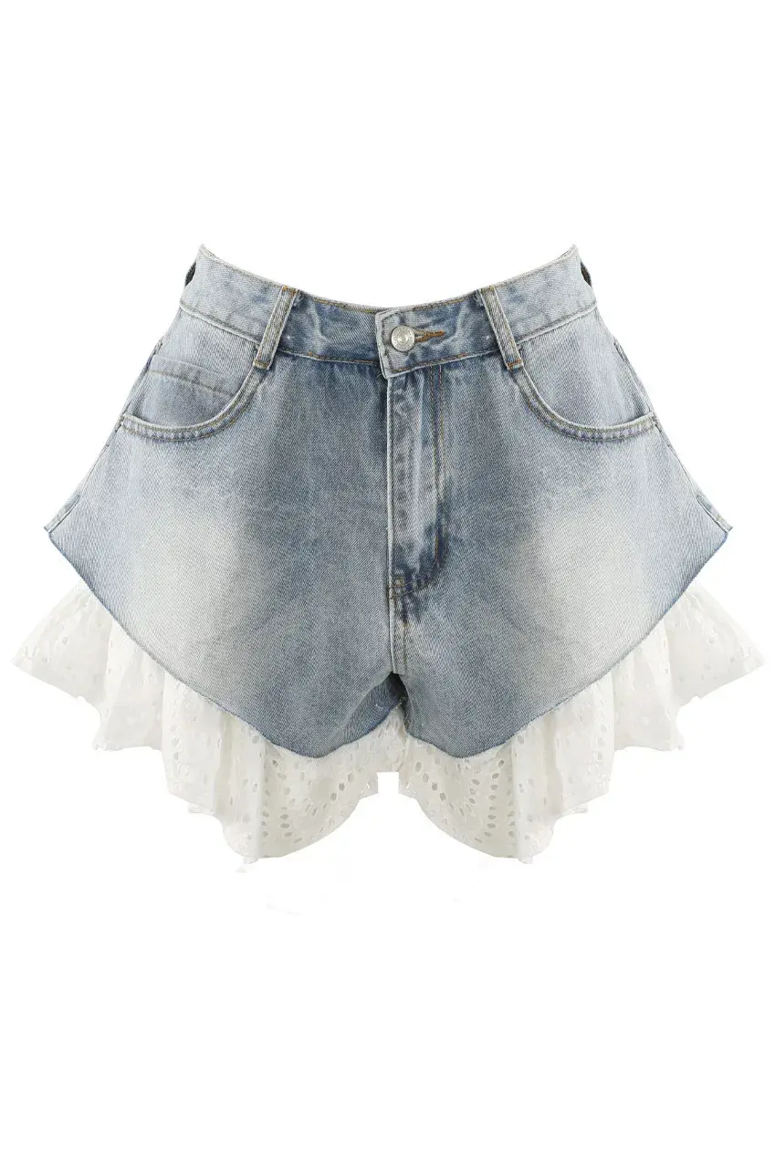 Shorts Denim Women Mom Jeans Lace Stitching Straight Short Pants High Waist Washed Distressed Pockets Streetwear Summer 2025