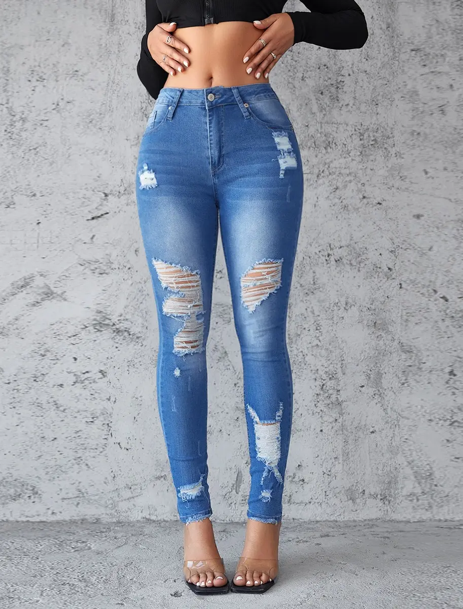 Ankle Length Ripped Hole High Waist Jean Sheath Pencil Denim Pants Skinny Solid Pockets Streetwear Distressed Vintage Slim