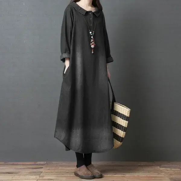Denim Dress Women Dresses Long Sleeve Turn Down Collar Vestidos Button Maxi Pockets Streetwear Winter Slight Strech Ankle Length