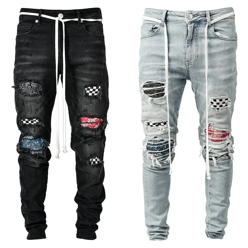 Ripped Pencil Pants Men Jeans Mid Waist Slim Gothic Men Vintage Denim Wash Solid Punk Style Skinny Distressed Holes Ankle Length