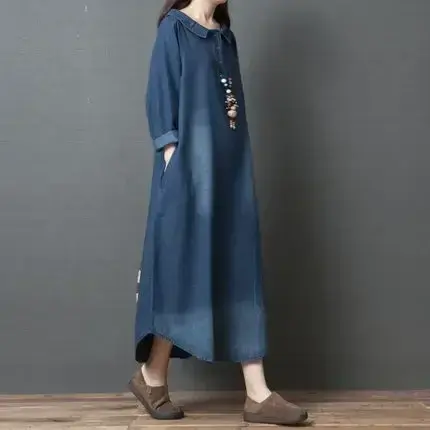 Denim Dress Women Dresses Long Sleeve Turn Down Collar Vestidos Button Maxi Pockets Streetwear Winter Slight Strech Ankle Length