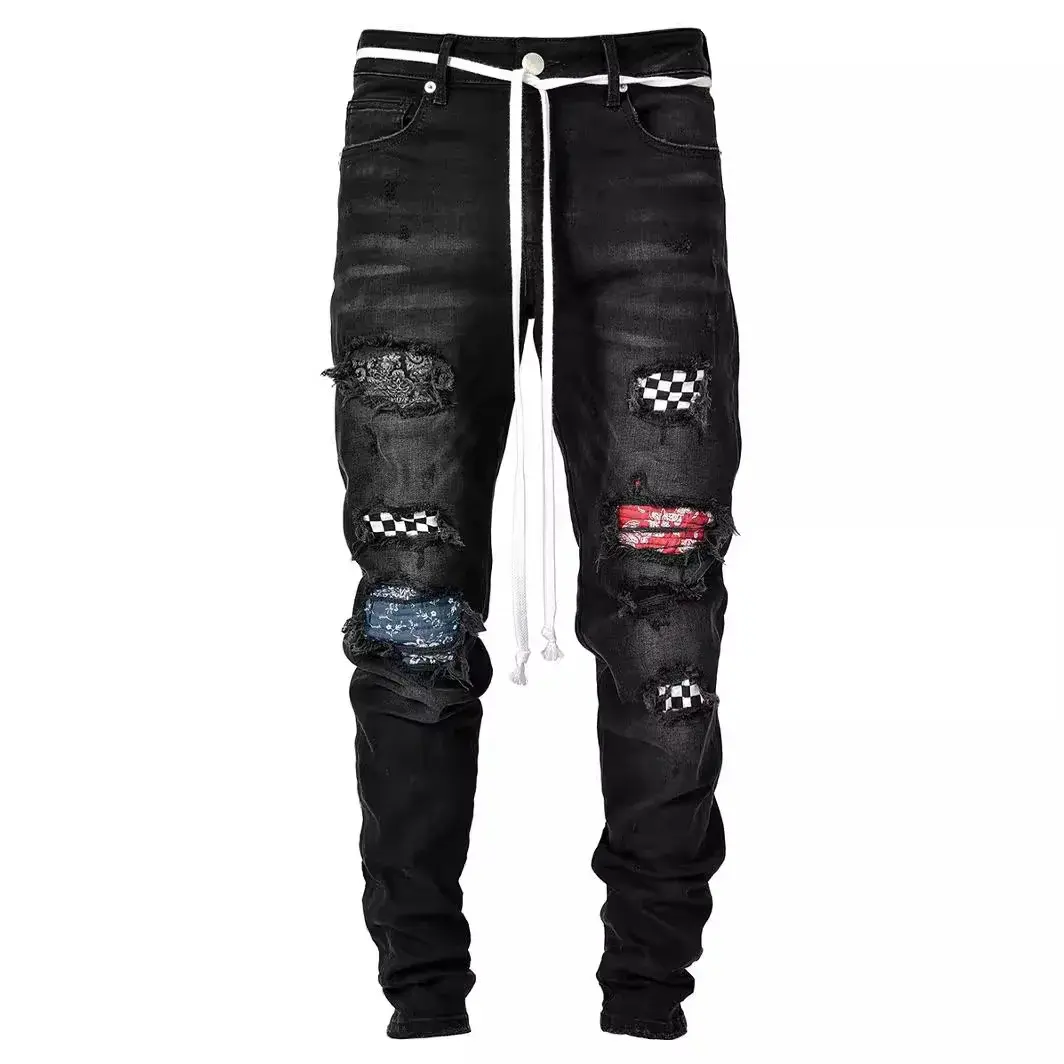 Ripped Pencil Pants Men Jeans Mid Waist Slim Gothic Men Vintage Denim Wash Solid Punk Style Skinny Distressed Holes Ankle Length