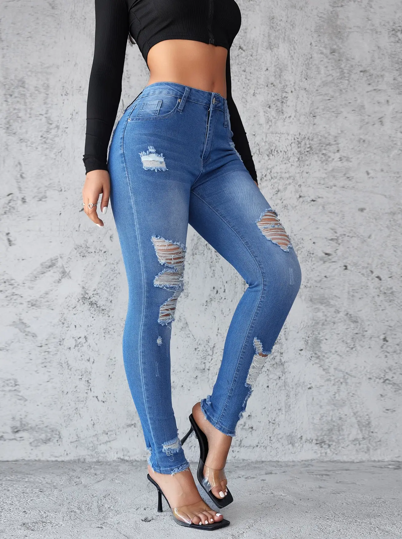 Ankle Length Ripped Hole High Waist Jean Sheath Pencil Denim Pants Skinny Solid Pockets Streetwear Distressed Vintage Slim