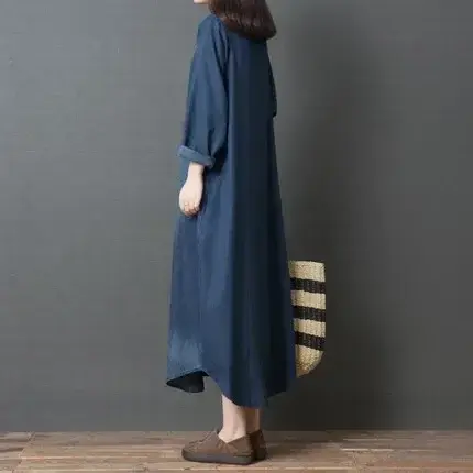 Denim Dress Women Dresses Long Sleeve Turn Down Collar Vestidos Button Maxi Pockets Streetwear Winter Slight Strech Ankle Length