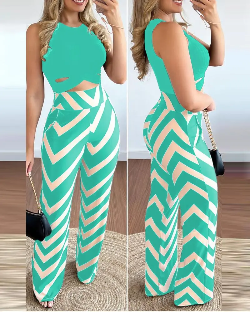 Women Pant Sets Sheath Vest Hollow Pockets Print Striped Straight Pants Tracksuit Slim Fit Sexy High Street Two Pieces