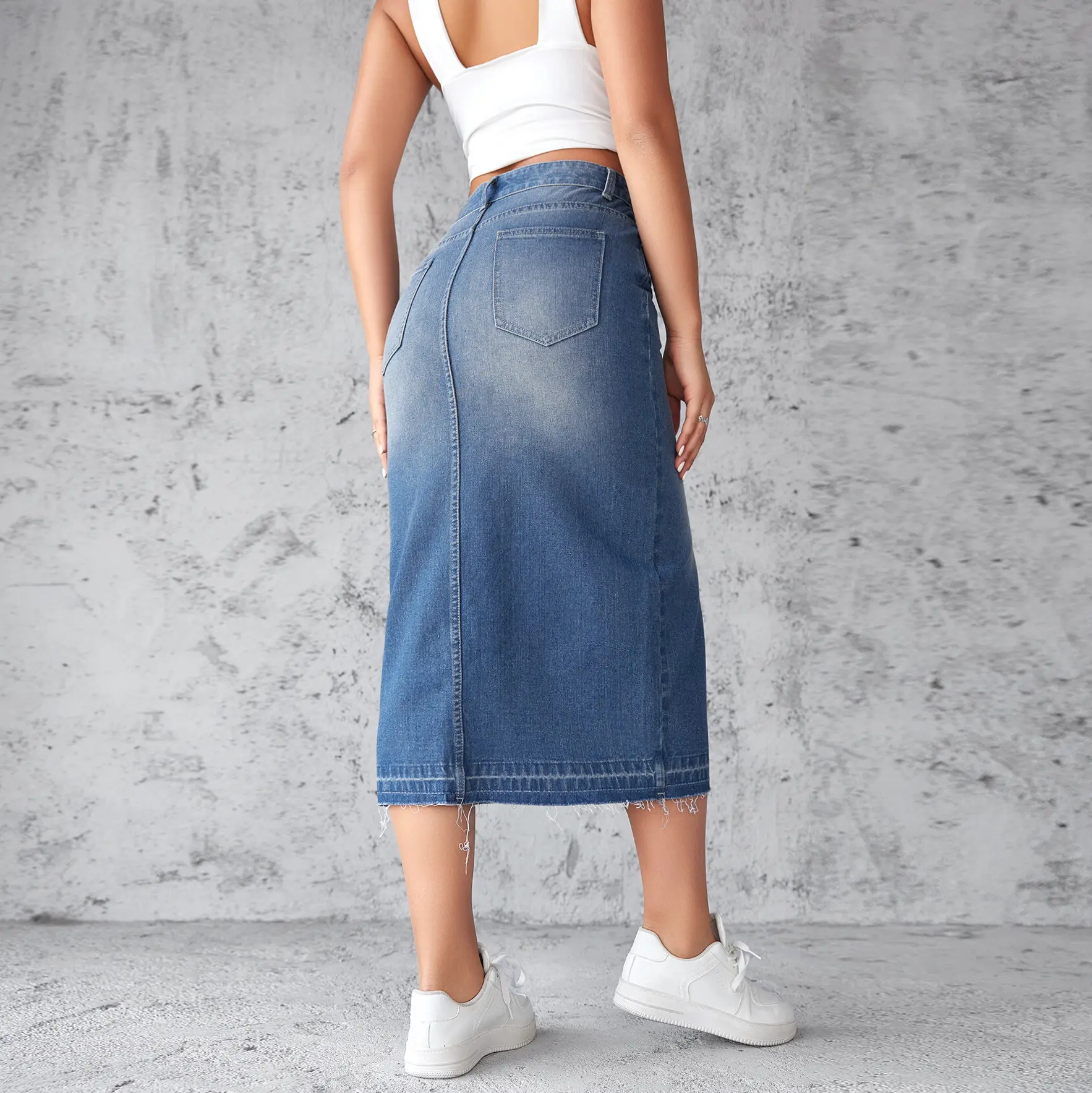 Denim Skirts Wrap Buttocks Dress Solid Washed High Waist Women Pencil Skirt Spliced Pockets Ankle Length Slim Solid Casual