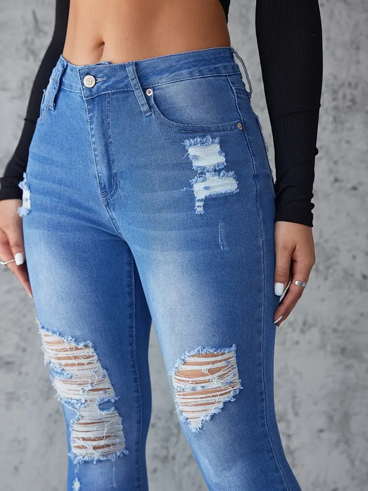 Ankle Length Ripped Hole High Waist Jean Sheath Pencil Denim Pants Skinny Solid Pockets Streetwear Distressed Vintage Slim