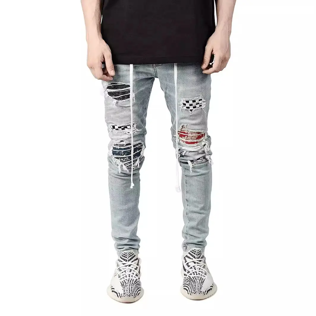 Ripped Pencil Pants Men Jeans Mid Waist Slim Gothic Men Vintage Denim Wash Solid Punk Style Skinny Distressed Holes Ankle Length