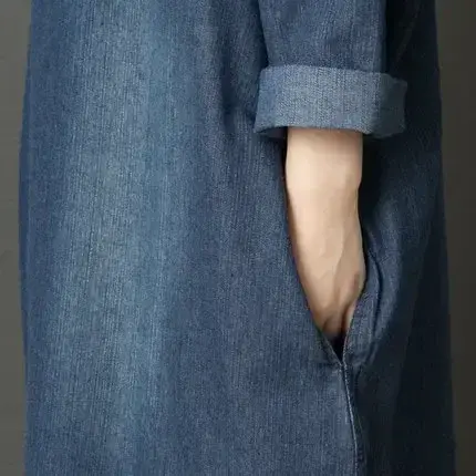 Denim Dress Women Dresses Long Sleeve Turn Down Collar Vestidos Button Maxi Pockets Streetwear Winter Slight Strech Ankle Length