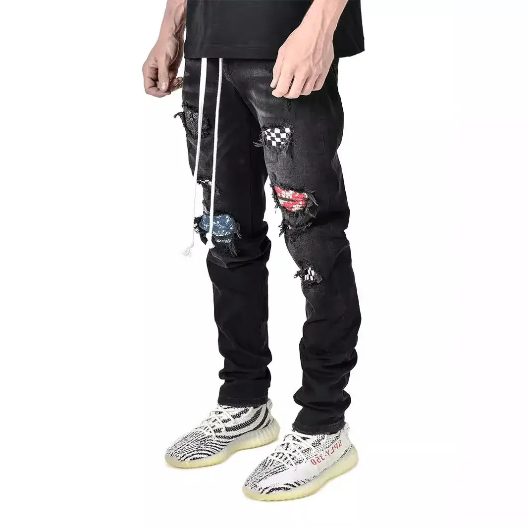 Ripped Pencil Pants Men Jeans Mid Waist Slim Gothic Men Vintage Denim Wash Solid Punk Style Skinny Distressed Holes Ankle Length