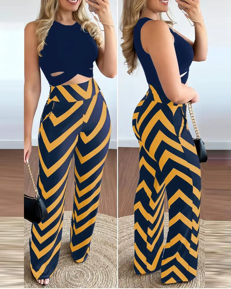 Women Pant Sets Sheath Vest Hollow Pockets Print Striped Straight Pants Tracksuit Slim Fit Sexy High Street Two Pieces
