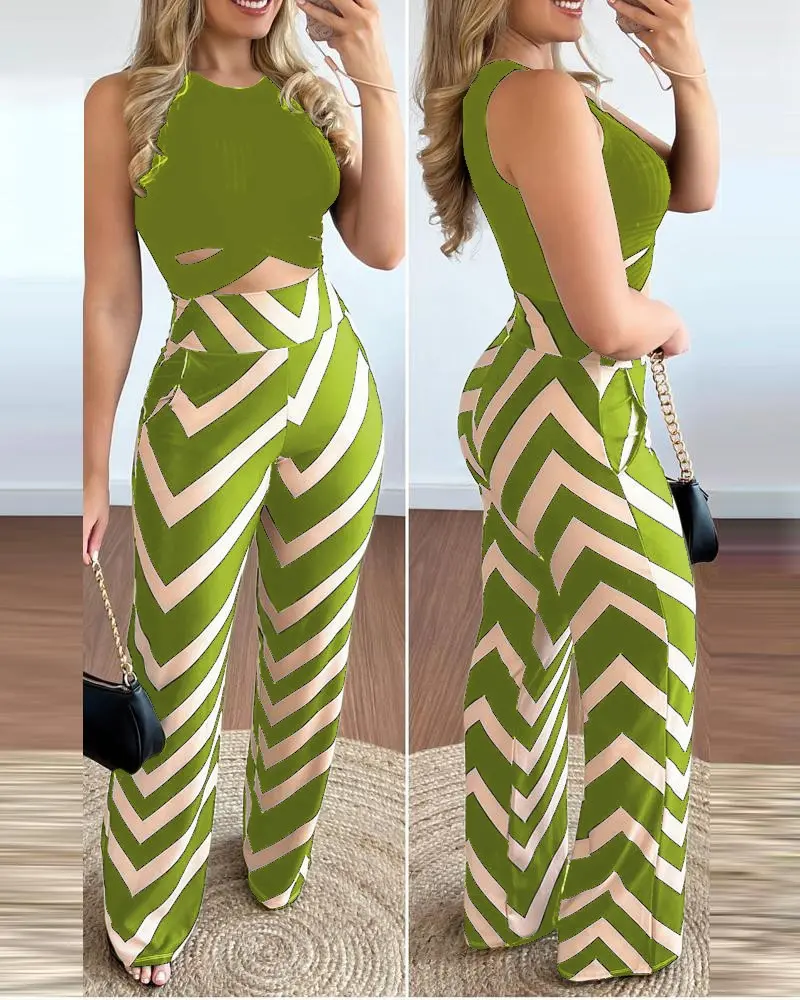 Women Pant Sets Sheath Vest Hollow Pockets Print Striped Straight Pants Tracksuit Slim Fit Sexy High Street Two Pieces