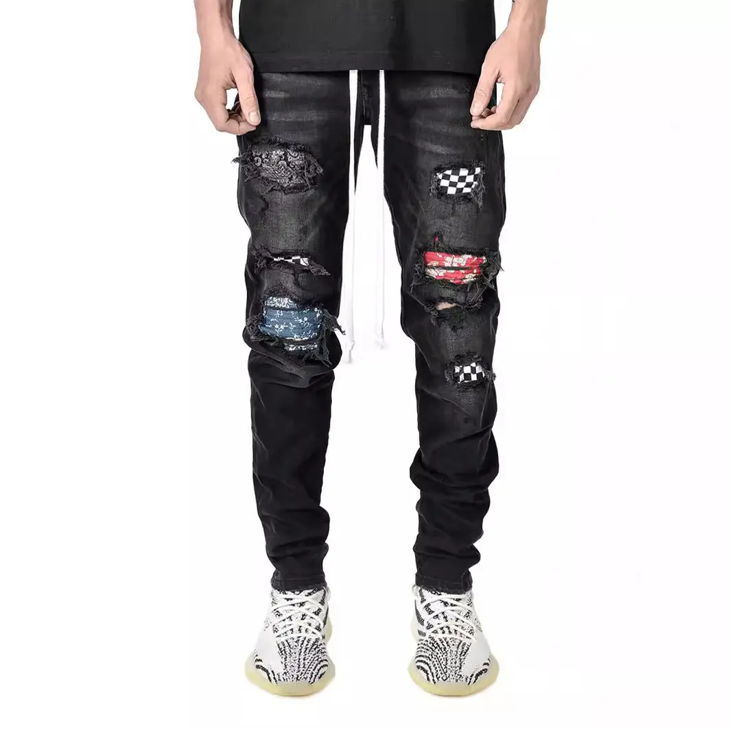 Ripped Pencil Pants Men Jeans Mid Waist Slim Gothic Men Vintage Denim Wash Solid Punk Style Skinny Distressed Holes Ankle Length