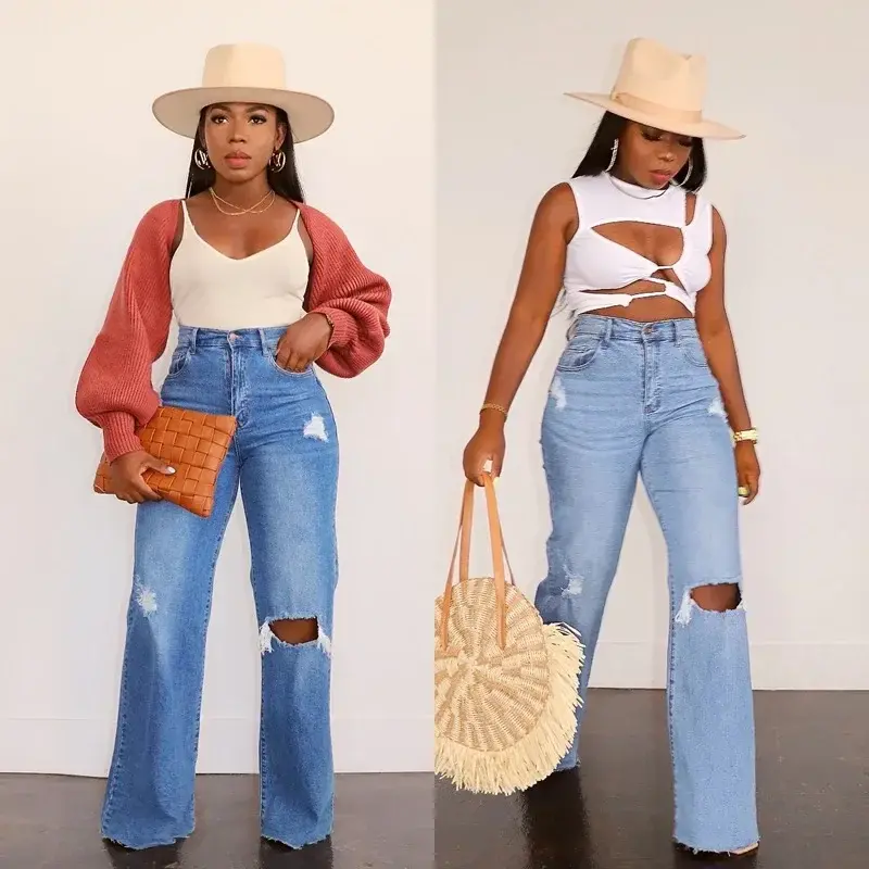 Women Jeans Ankle Length Holes Loose Flat Straight Mom Pants Zipper Fly Pockets Solid Color High Street Slight Strech Denim