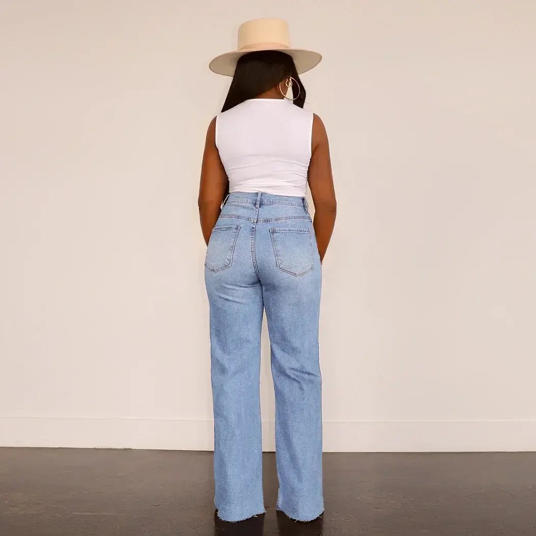 Women Jeans Ankle Length Holes Loose Flat Straight Mom Pants Zipper Fly Pockets Solid Color High Street Slight Strech Denim