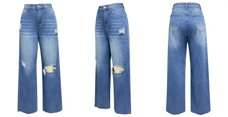 Women Jeans Ankle Length Holes Loose Flat Straight Mom Pants Zipper Fly Pockets Solid Color High Street Slight Strech Denim