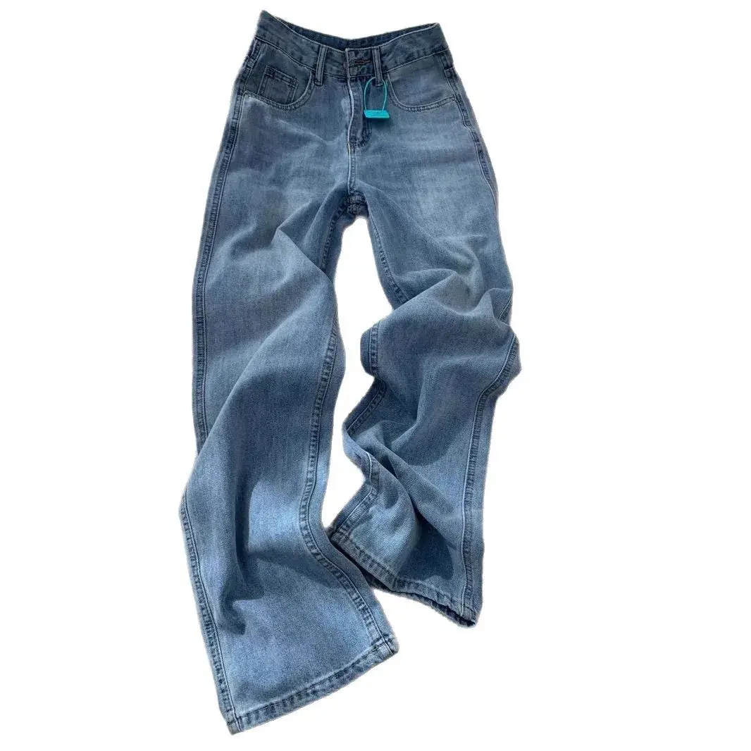 Wide Leg Jeans Women Denim Straight Pants Floor Length 2025 Streetwear High Waist Pockets Distressed Mom Jeans Vintage Trousers