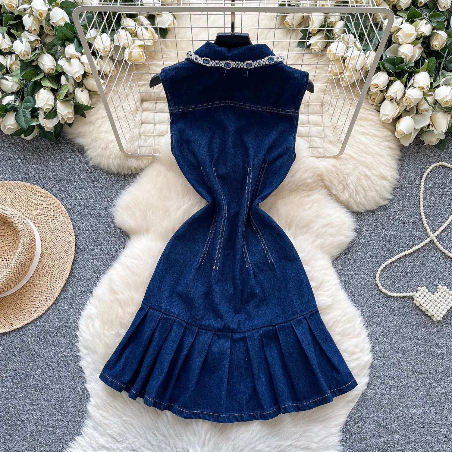 Mid Length Dress Women Denim Dresses Vestidos Sleeveless Turn Down Collar Elegant Mom Jeans Y2k Streetwear Work Party Night