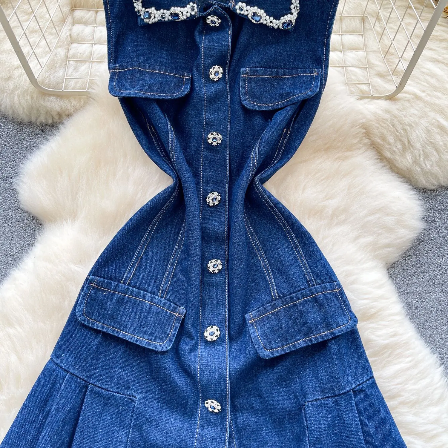 Mid Length Dress Women Denim Dresses Vestidos Sleeveless Turn Down Collar Elegant Mom Jeans Y2k Streetwear Work Party Night