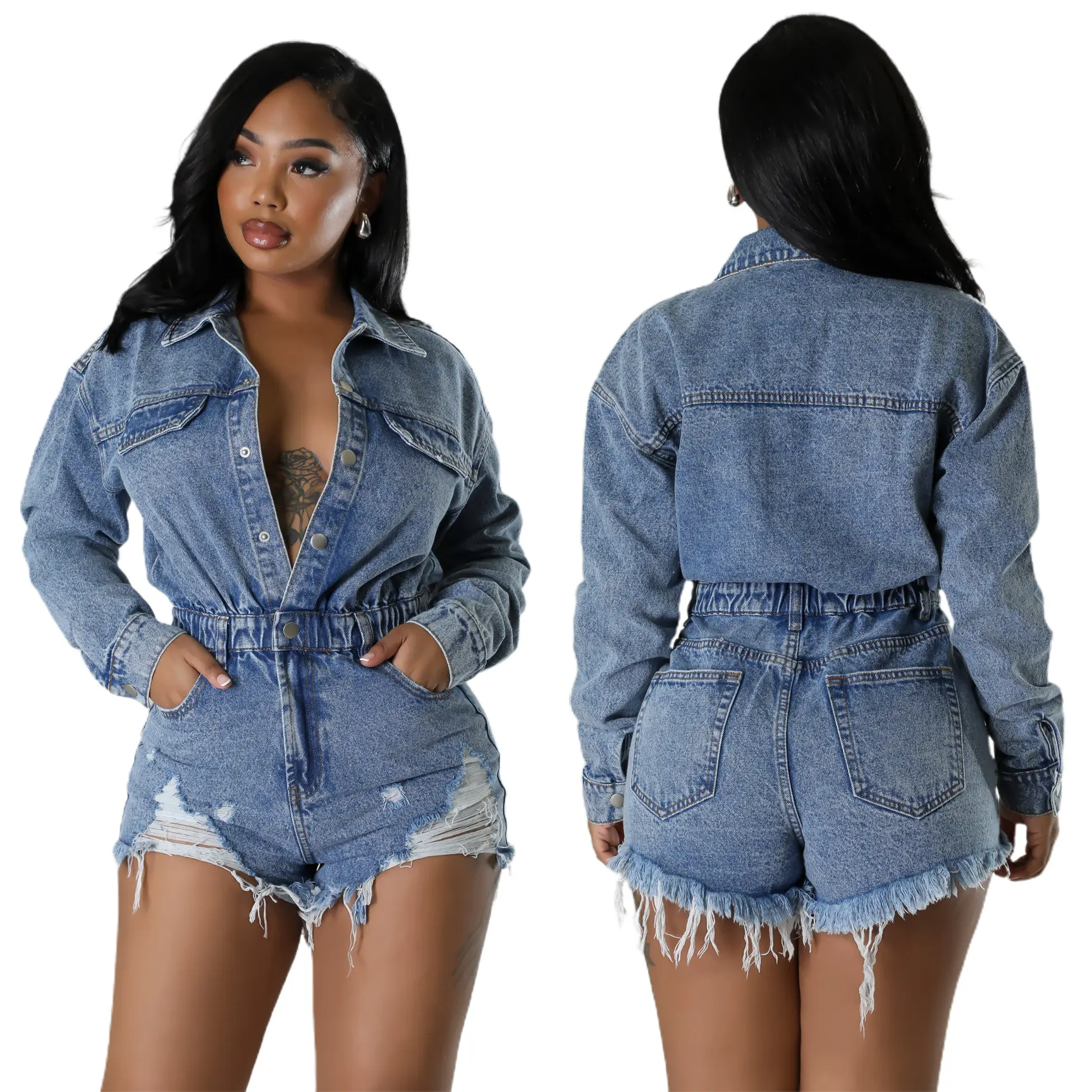 Demin Overalls Women Short Pants Hole Tassel Jumpsuits Shorts One Piece Party Club High Waist Single Breasted Rompers Mom Jeans