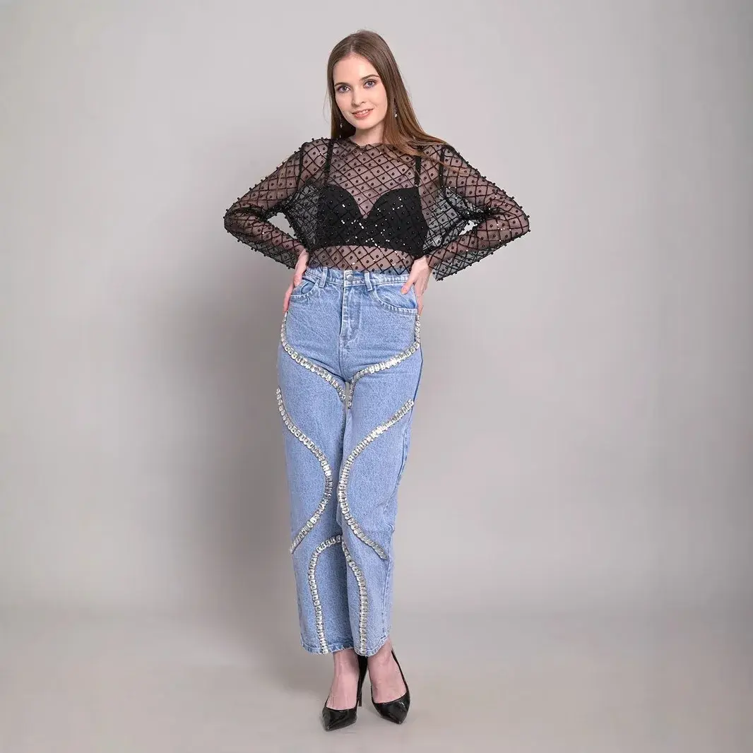 Wide Leg Pants Women Denim Mom Jeans 2025 Streetwear High Waist Diamond Distressed Y2k Vintage Straight Ankle Length Trousers
