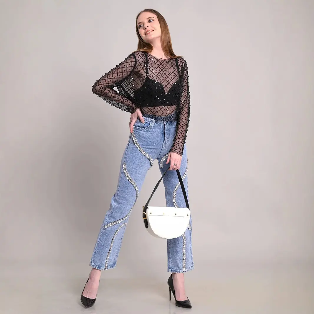 Wide Leg Pants Women Denim Mom Jeans 2025 Streetwear High Waist Diamond Distressed Y2k Vintage Straight Ankle Length Trousers