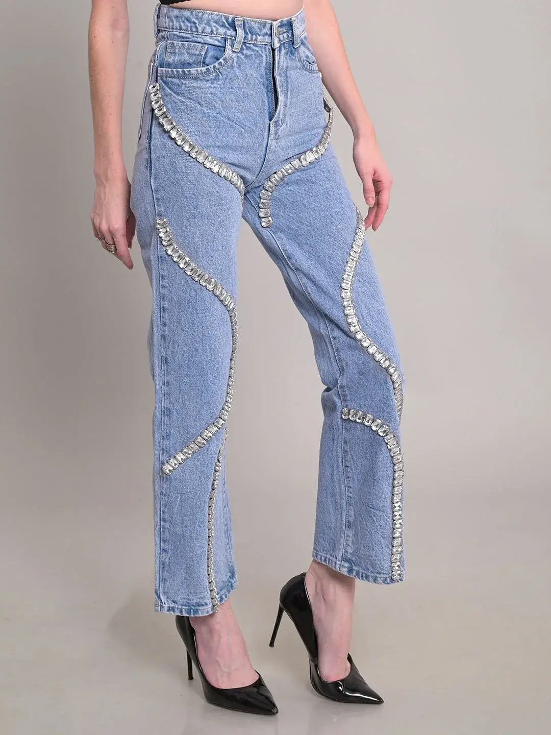 Wide Leg Pants Women Denim Mom Jeans 2025 Streetwear High Waist Diamond Distressed Y2k Vintage Straight Ankle Length Trousers
