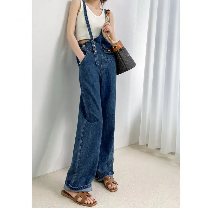 Women Jumpsuits Denim Overalls Pant Jeans Wide Leg Long Pants High Waist Rompers Trousers Y2k Streetwear Irregularity One Piece