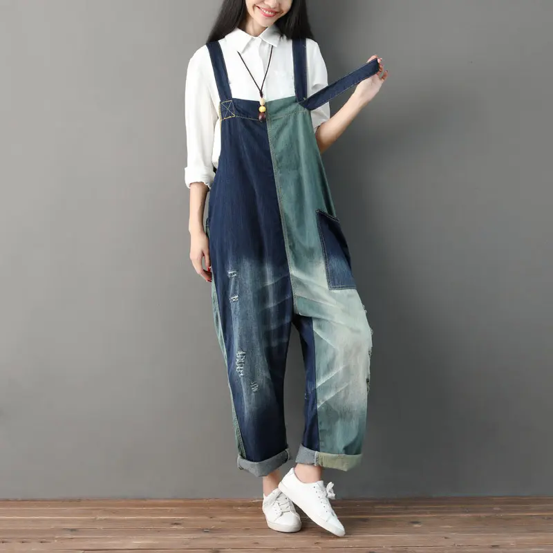 Jumpsuits Women Denim One Piece Suspenders Mom Jeans Overalls Hole Long Pants High Waist Rompers Y2k Streetwear Casual Loose