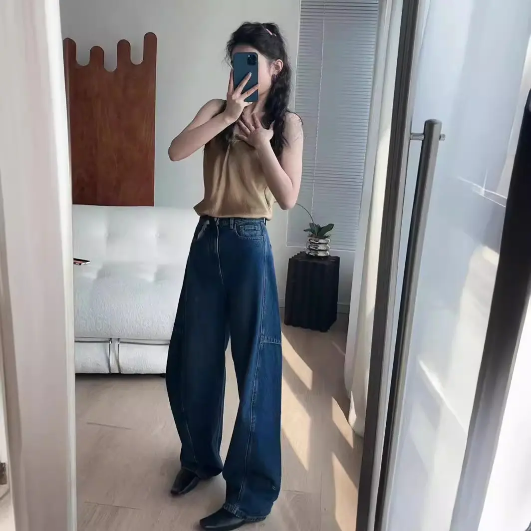 Denim Pants Women Jeans Floor Length Pants Casual High Waist Straight Trousers Streetwear Elegant Splice Mom Jeans Y2k Vintage
