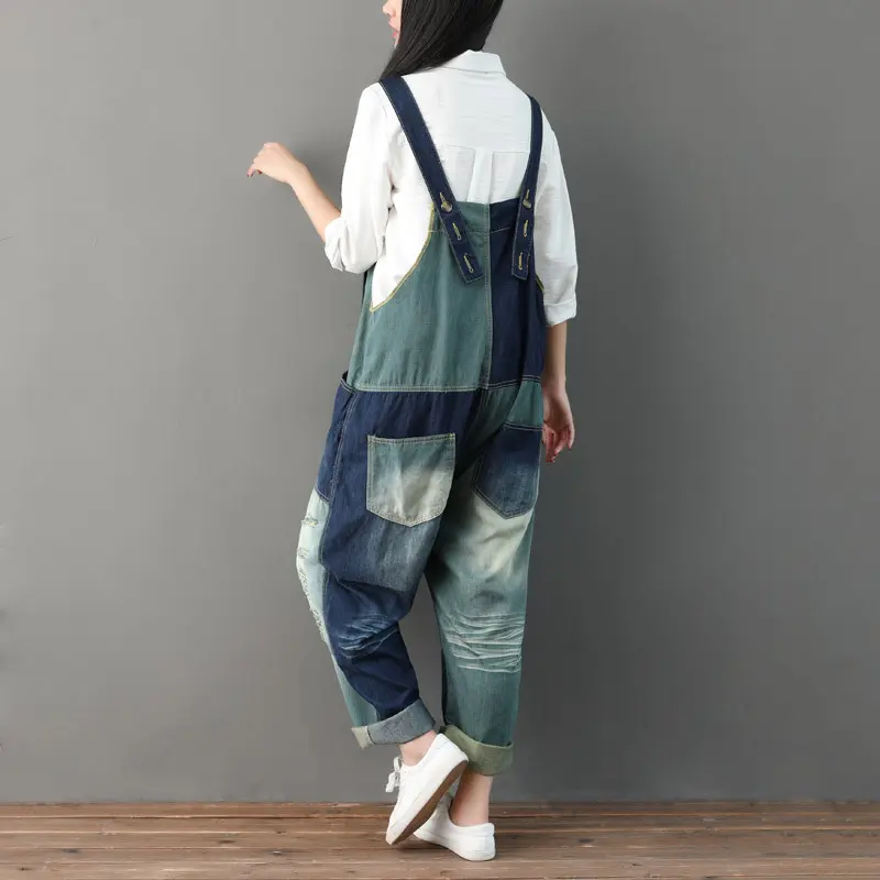 Jumpsuits Women Denim One Piece Suspenders Mom Jeans Overalls Hole Long Pants High Waist Rompers Y2k Streetwear Casual Loose