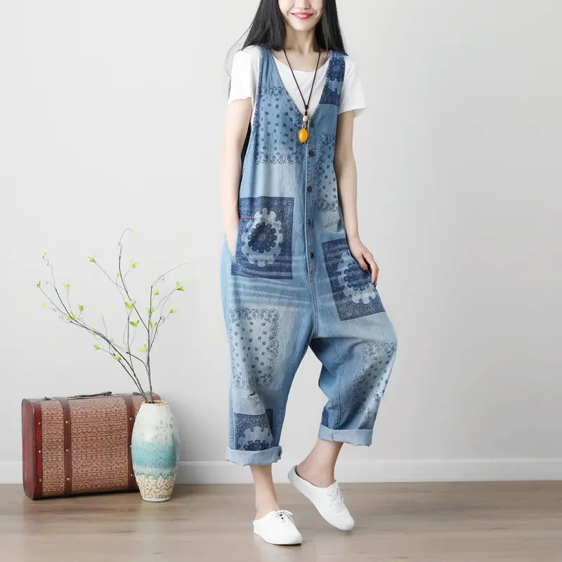 Suspenders Overalls Women Sleeveless Jumpsuits Denim One Piece Wide Leg Long Pants High Waist Rompers Y2k Streetwear Print