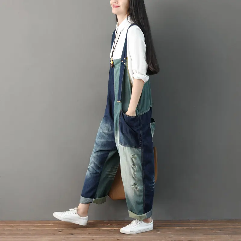 Jumpsuits Women Denim One Piece Suspenders Mom Jeans Overalls Hole Long Pants High Waist Rompers Y2k Streetwear Casual Loose