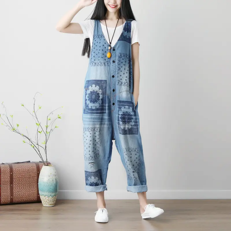 Suspenders Overalls Women Sleeveless Jumpsuits Denim One Piece Wide Leg Long Pants High Waist Rompers Y2k Streetwear Print