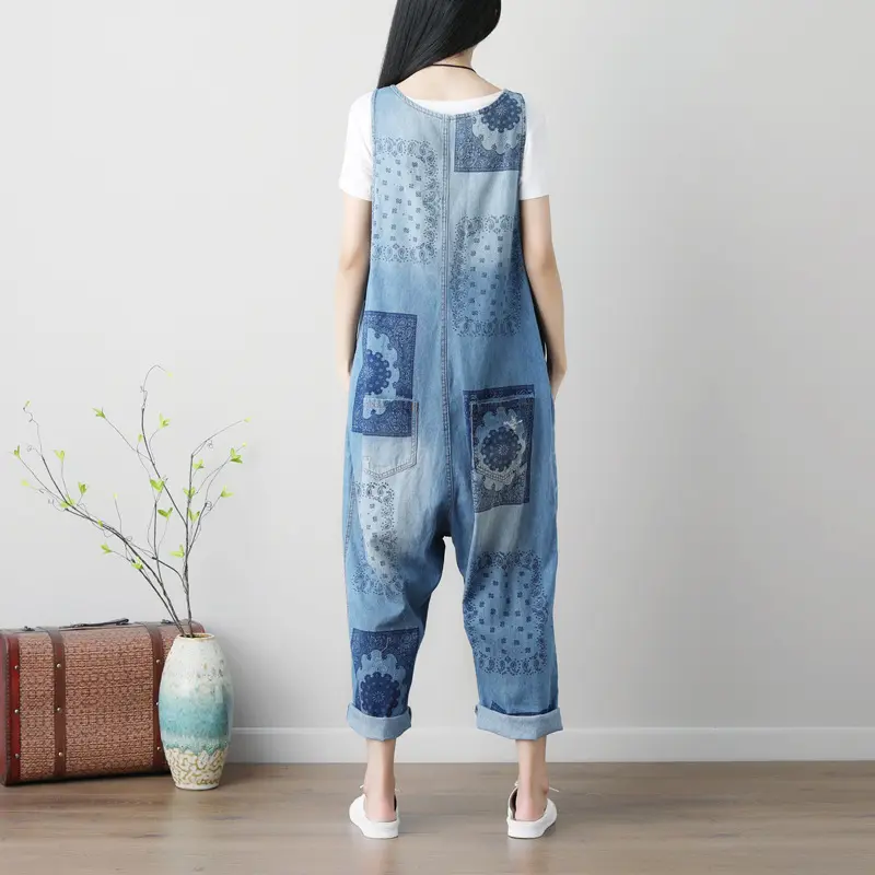 Suspenders Overalls Women Sleeveless Jumpsuits Denim One Piece Wide Leg Long Pants High Waist Rompers Y2k Streetwear Print