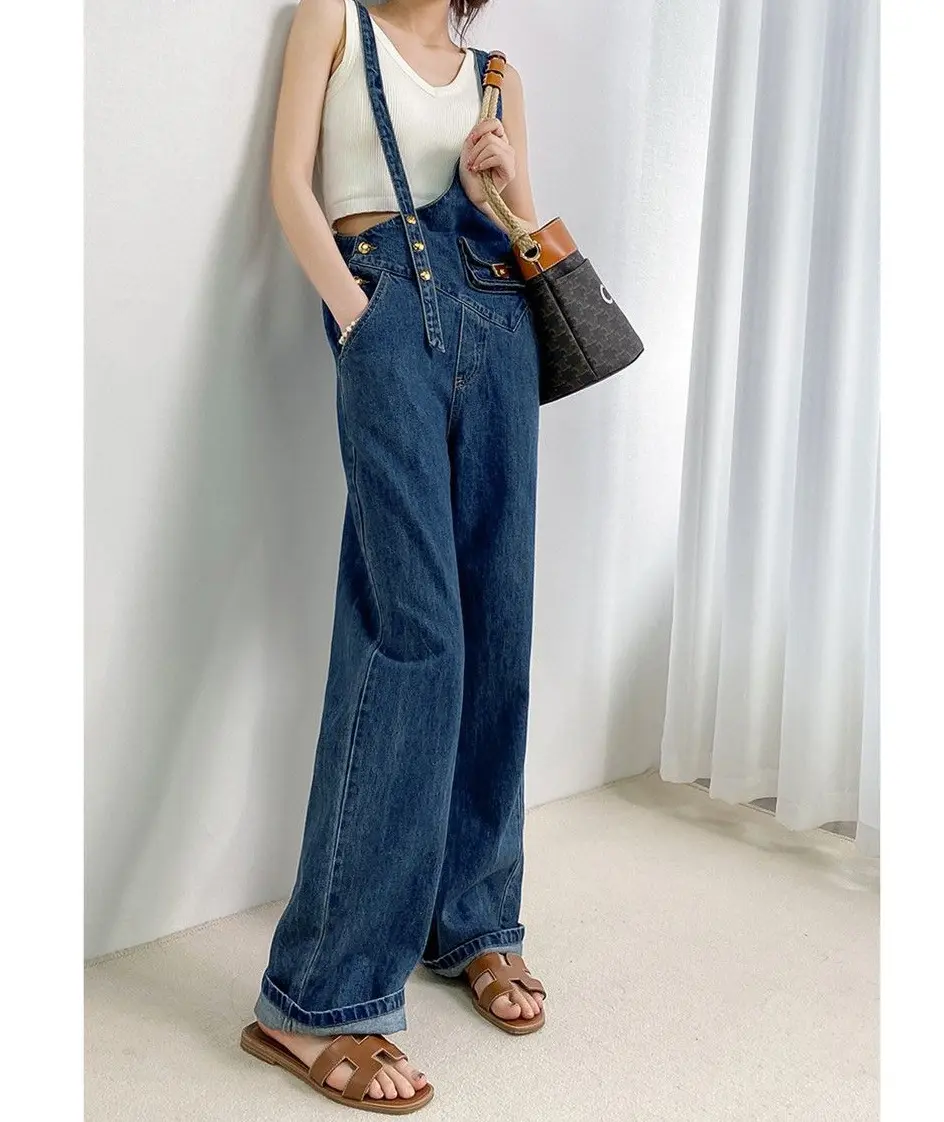 Women Jumpsuits Denim Overalls Pant Jeans Wide Leg Long Pants High Waist Rompers Trousers Y2k Streetwear Irregularity One Piece