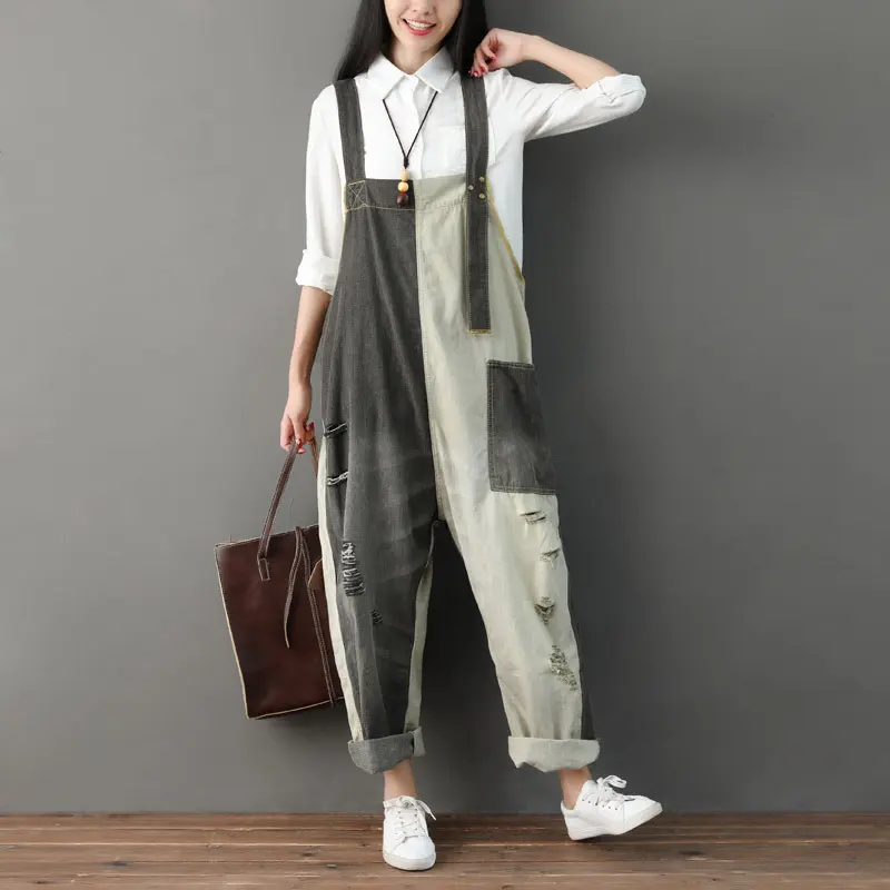 Jumpsuits Women Denim One Piece Suspenders Mom Jeans Overalls Hole Long Pants High Waist Rompers Y2k Streetwear Casual Loose