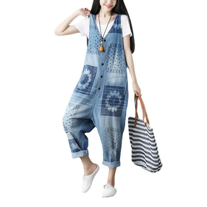 Suspenders Overalls Women Sleeveless Jumpsuits Denim One Piece Wide Leg Long Pants High Waist Rompers Y2k Streetwear Print