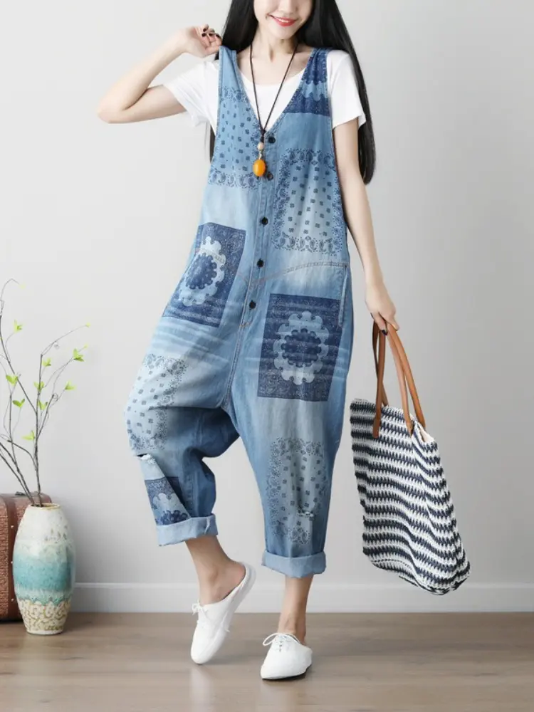 Suspenders Overalls Women Sleeveless Jumpsuits Denim One Piece Wide Leg Long Pants High Waist Rompers Y2k Streetwear Print