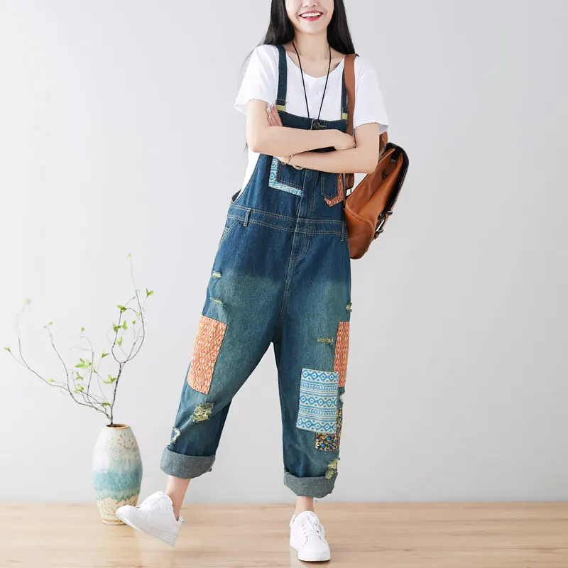 Jumpsuits Women Suspenders Overalls Denim One Piece Wide Leg Long Pants High Waist Hole Casual Rompers Y2k Streetwear Work